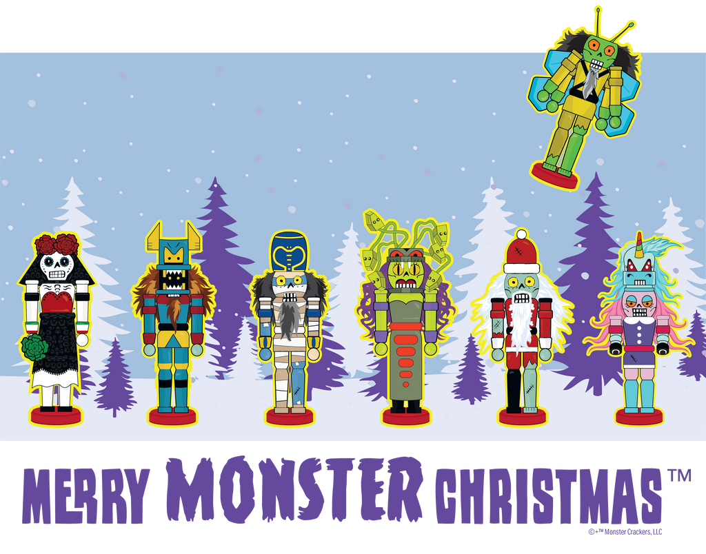 Monster Crackers Merry Monster Christmas Blue Trees Tee - All Gender